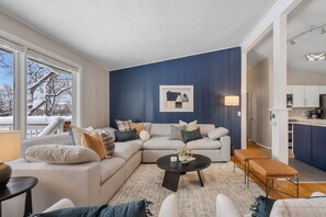 Smart TV, fireplace, books