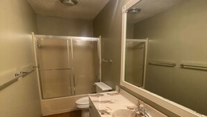 A small bathroom with a shower, toilet, and vanity. - Honeysuckle-bachelor/bachelorette parties welcome! (Lake Ozark)