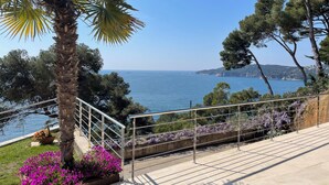 A coastal view with a palm tree, purple flowers, and a metal railing overlooking the sea. - Sea Views. 5 Min Walk to Beach. Pool (Llafranc)
