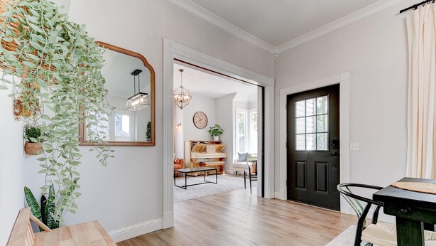 Un couloir avec un plancher en bois, une porte noire et un miroir sur le côté gauche. Des plantes se trouvent sur le côté gauche et un banc est visible au fond.