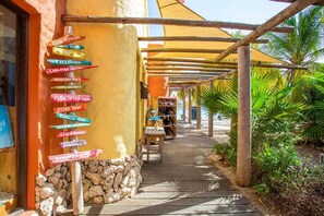 A wooden walkway with a signpost listing various activities like diving and fishing.