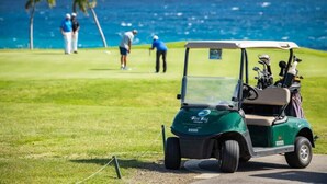 Une voiturette de golf sur un terrain de golf, avec des palmiers et l’océan en arrière-plan.