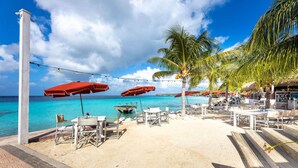 A beachside café with outdoor seating, palm trees, and a view of the ocean.