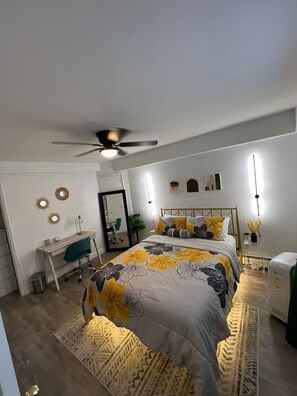 1 bedroom, desk, iron/ironing board, travel cot