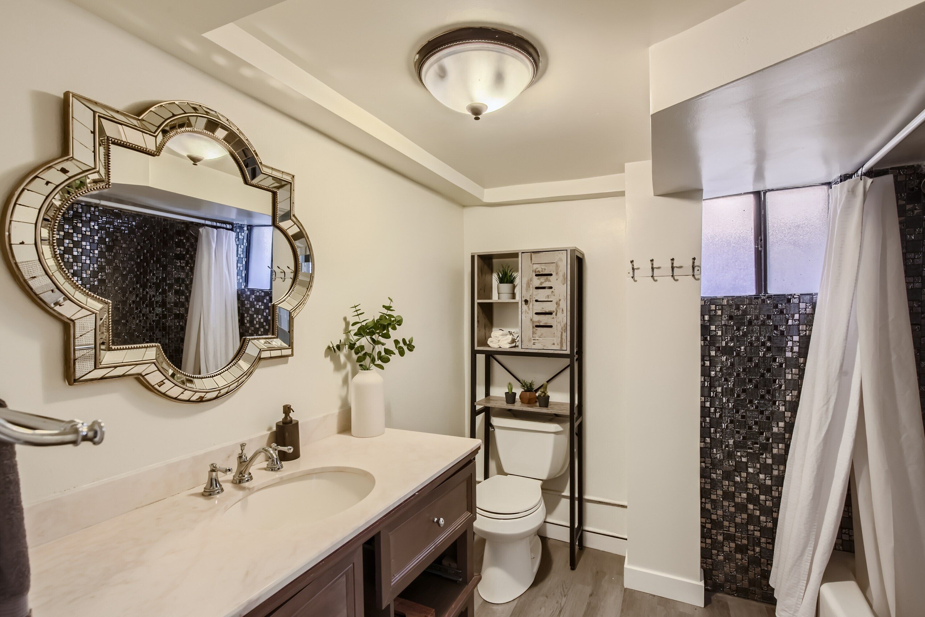 Hair dryer, towels, soap, shampoo