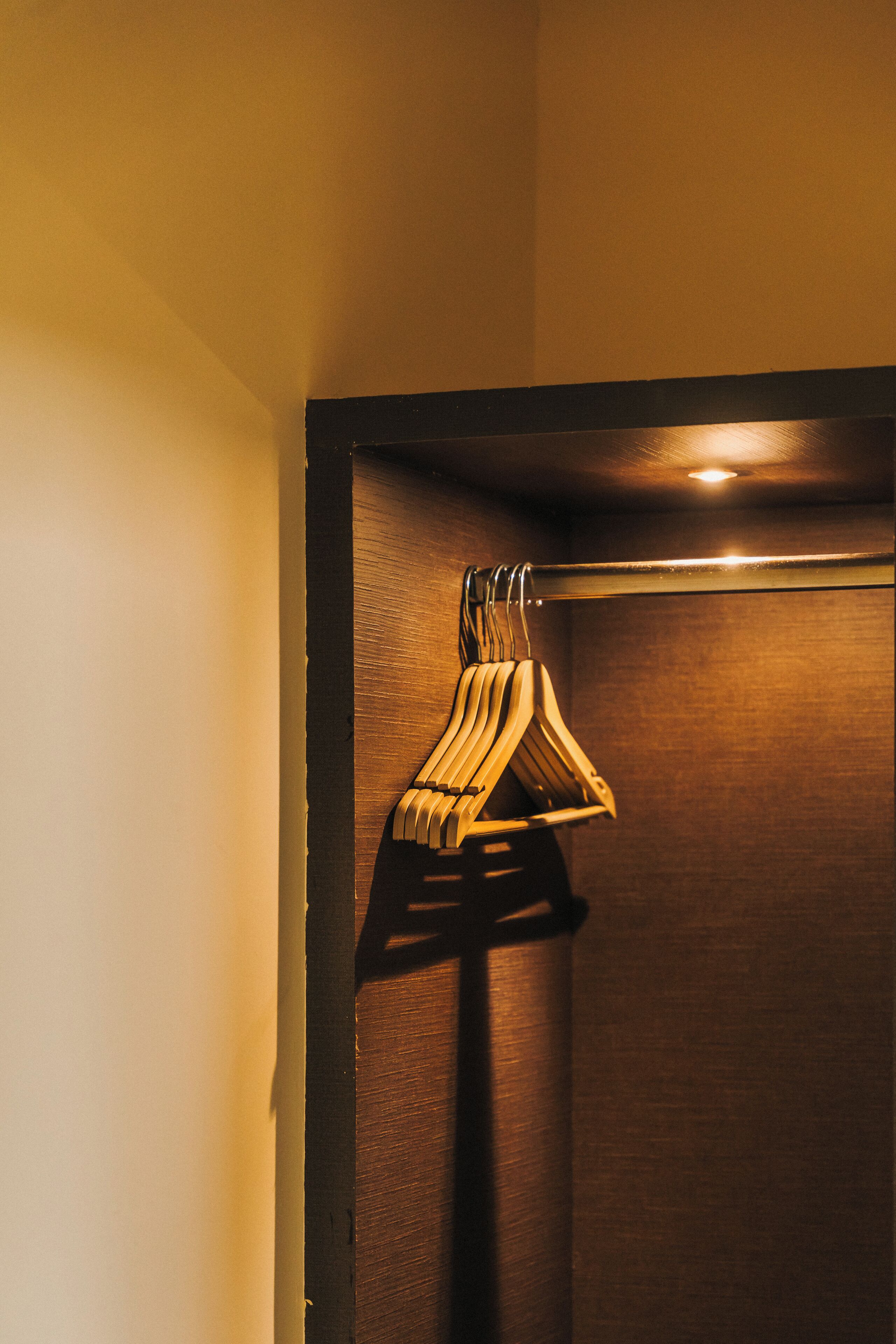 A wooden door with a metal handle and a wooden coat rack with hangers.