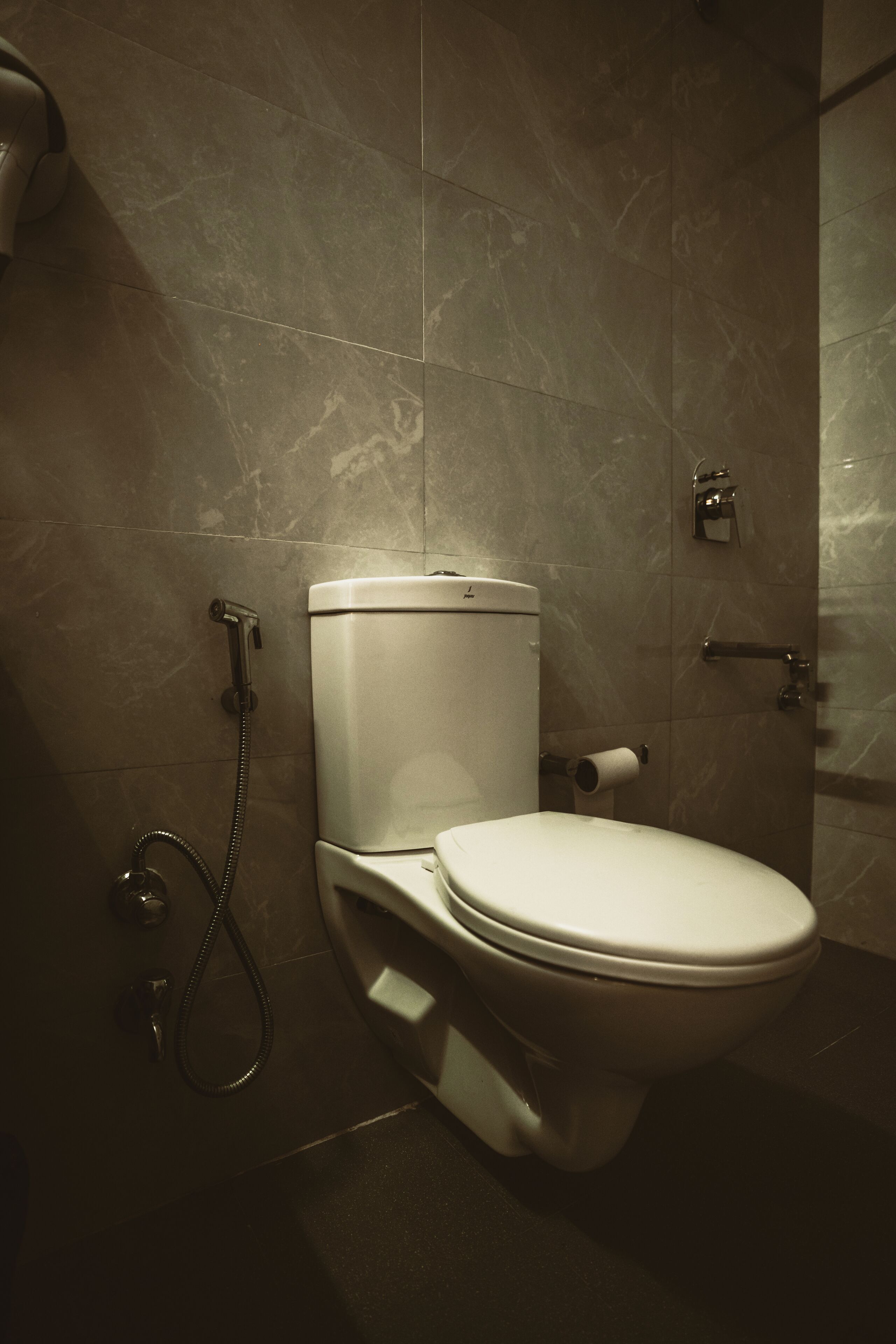 Un baño con inodoro, ducha y dispensador de papel higiénico.