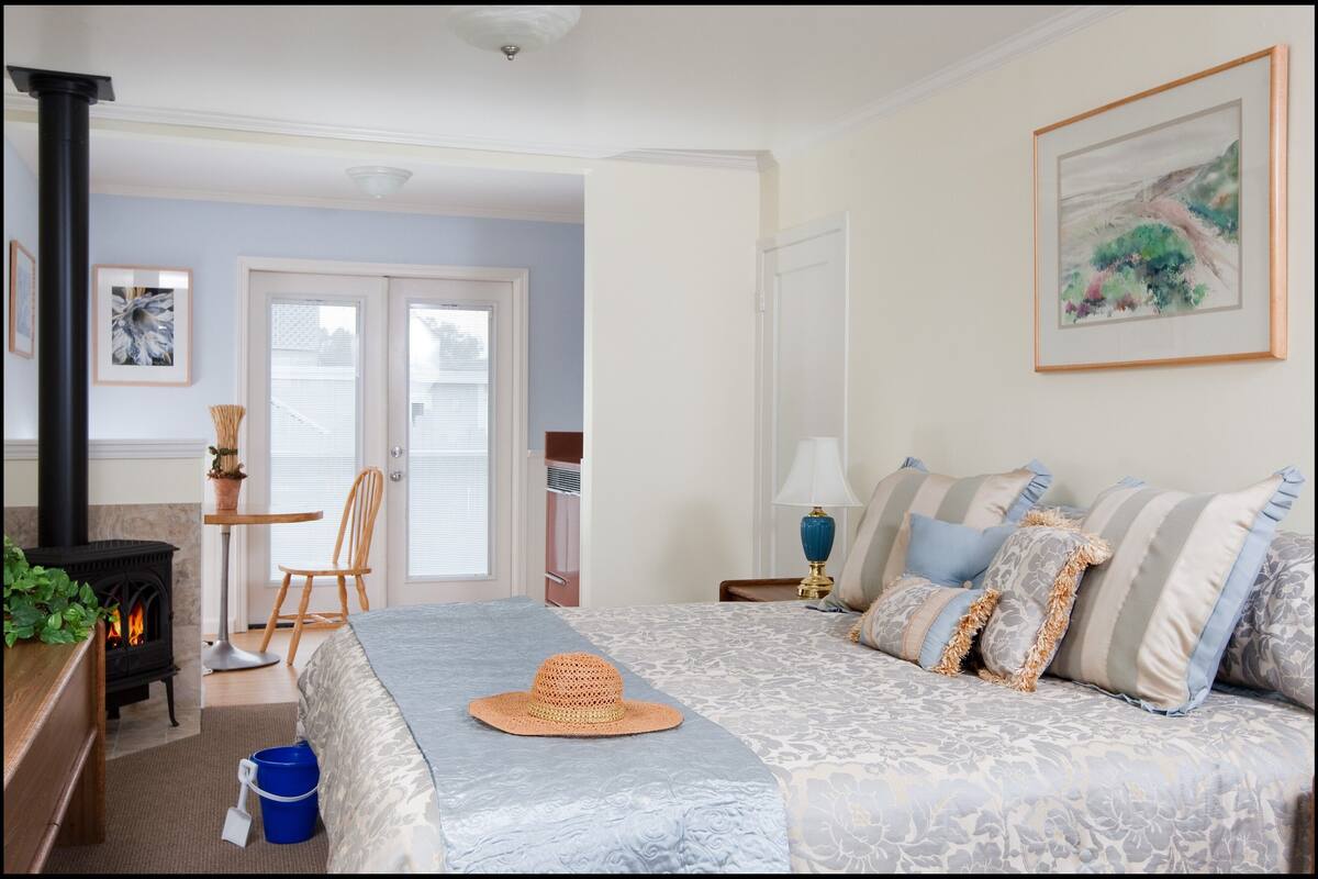 Une chambre à coucher avec un lit, une cheminée, une fenêtre et une porte.