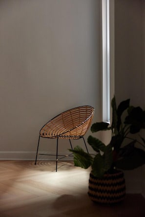 A chair near a window with a plant beside it.