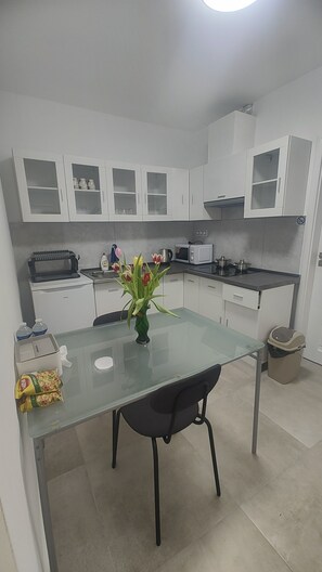 Kühlschrank, Mikrowelle, Wasserkocher, Kochgeschirr/Geschirr/Besteck