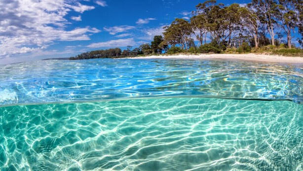 A clear view of a beach with turquoise water and a line of trees in the background. - 20 People / 9 Bedroom / 13 Beds Cabin Compound in the heart of Huskisson (Huskisson)