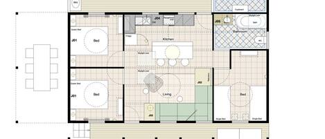 Plano de distribución de un hotel con varias habitaciones, una cocina, sala de estar, balcón y baño.