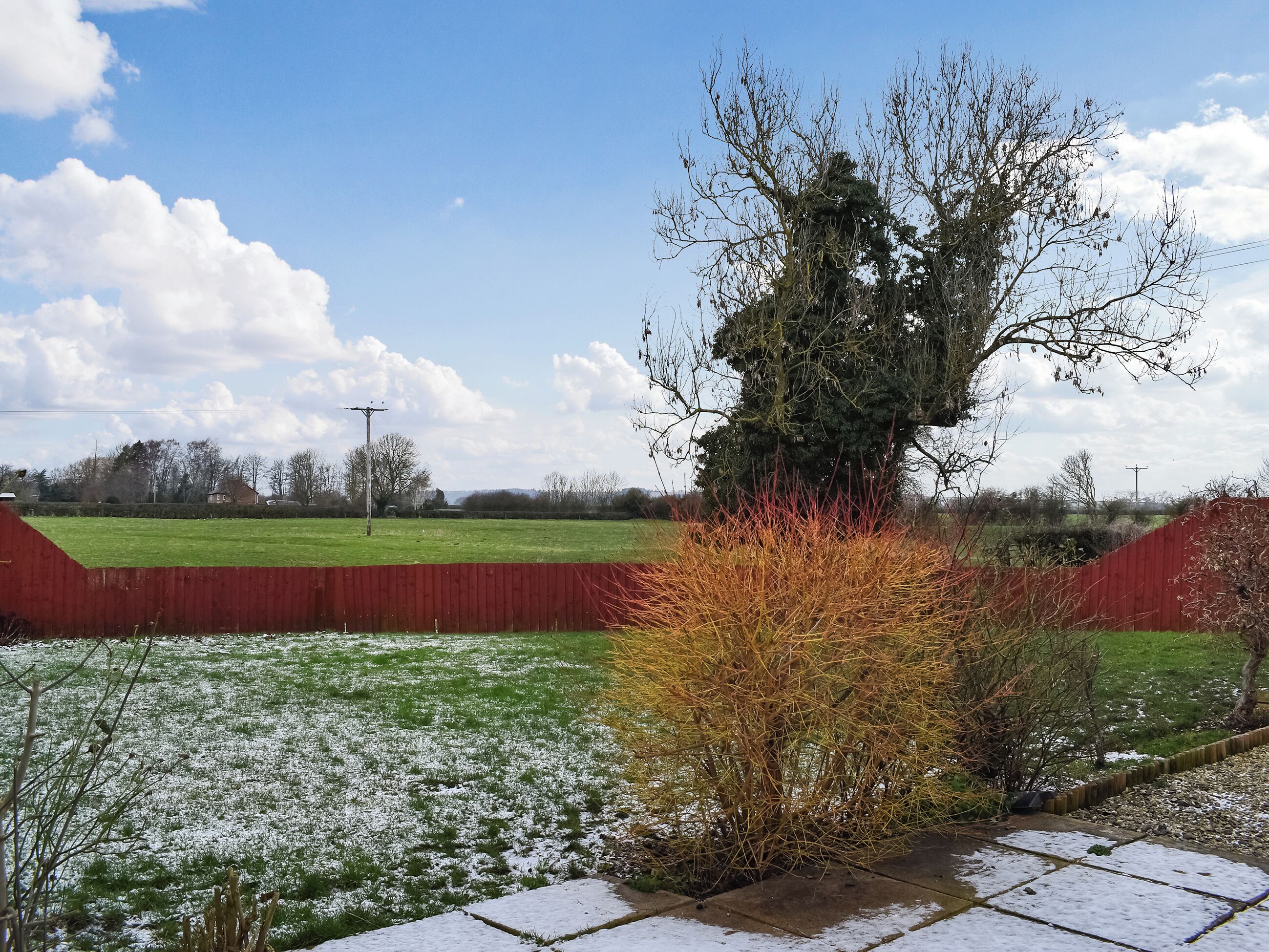 Paisaje rural con un árbol grande, una cerca roja y un campo cubierto de hierba con zonas nevadas.