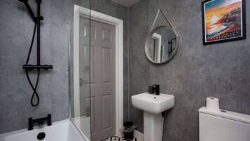 Shower, hair dryer, shampoo
