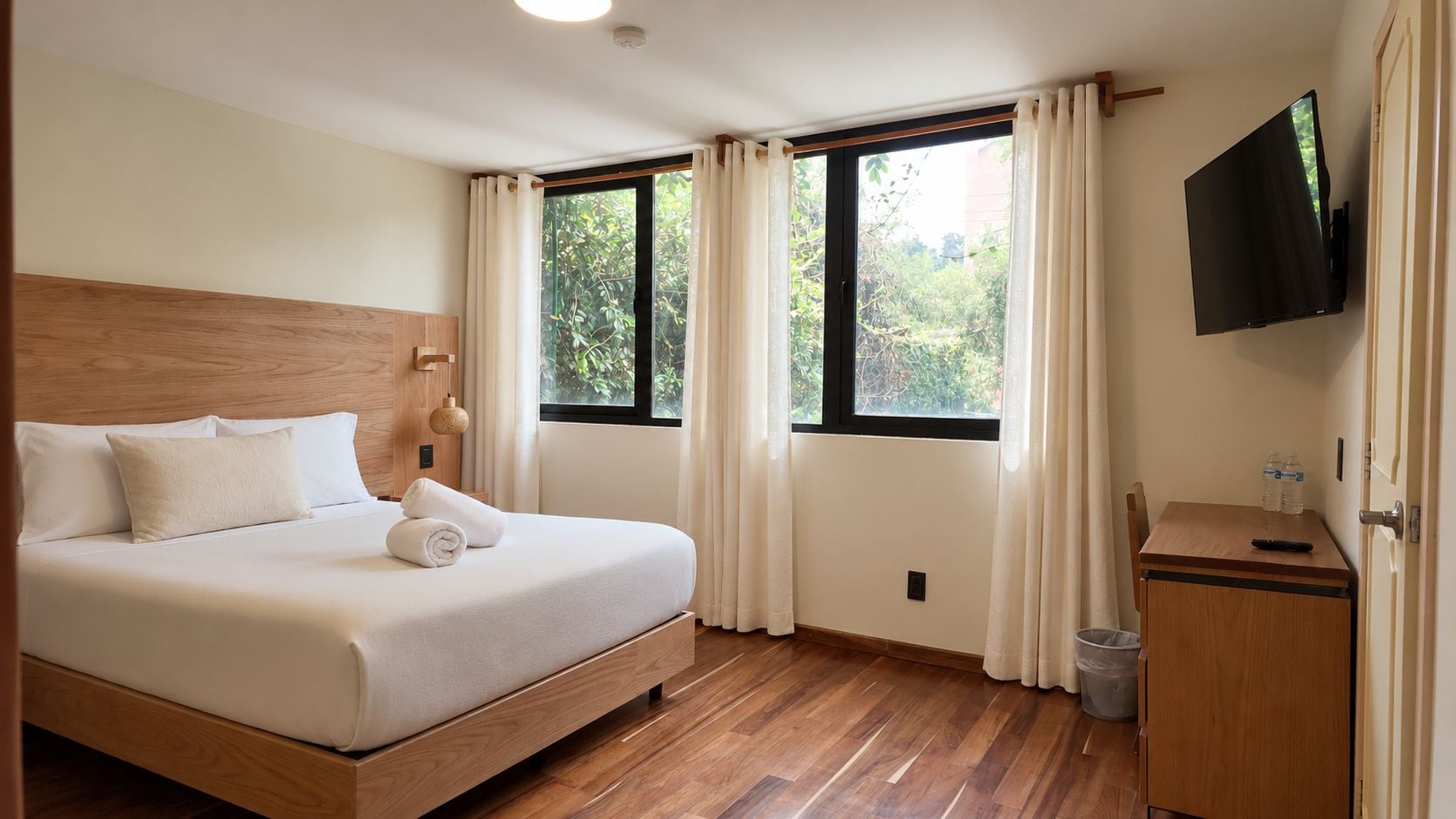 Habitación de hotel con cama, escritorio, televisor y ventanas con cortinas.
