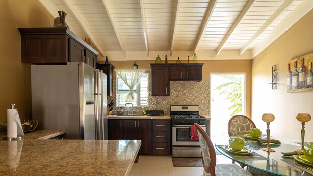 A kitchen with granite countertops, dark wood cabinets, stainless steel appliances, and a glass dining table with chairs. - Trove Manor (St. Ann's Bay)