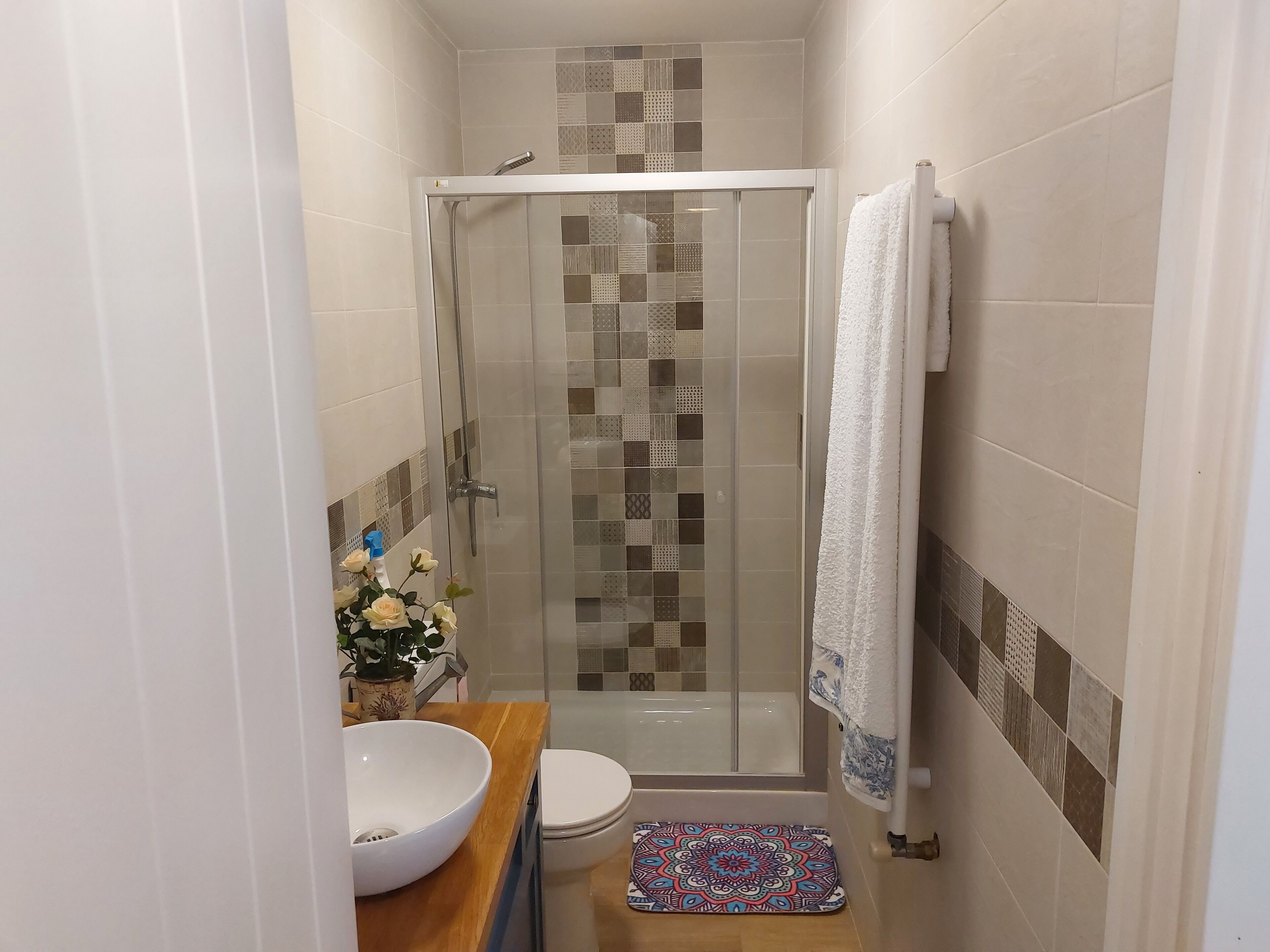Un baño con ducha envuelta en vidrio, un lavabo blanco, un inodoro y un felpudo estampado.