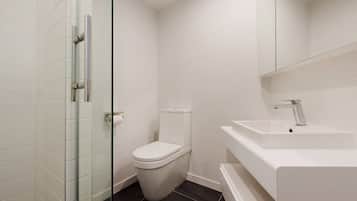 Shower, eco-friendly toiletries, hair dryer, towels