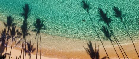 On the beach, sun loungers, beach towels