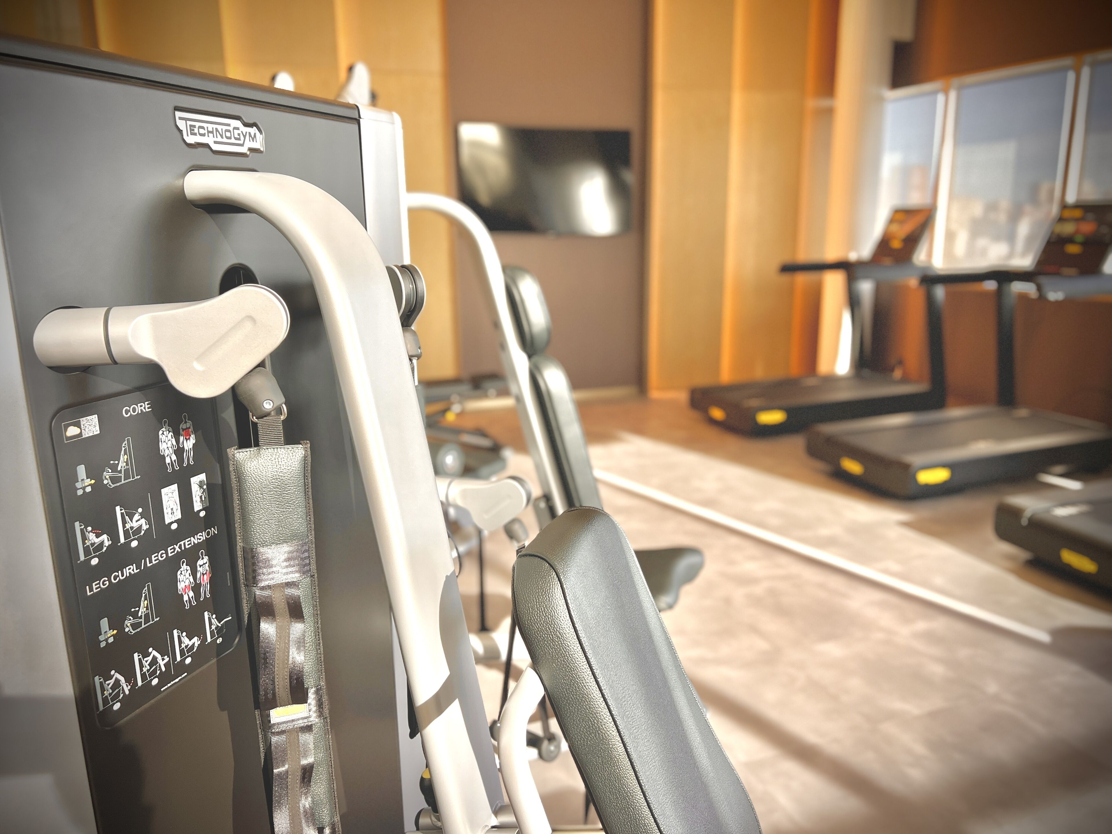 A gym with exercise equipment, a treadmill, and a wall-mounted TV.
