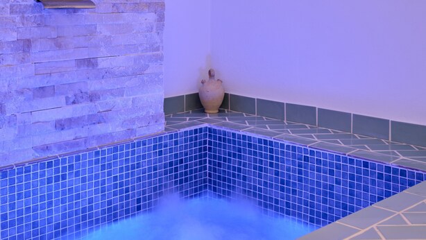 Uma área de spa com piscina azulejada, parede de pedra e um vaso decorativo.