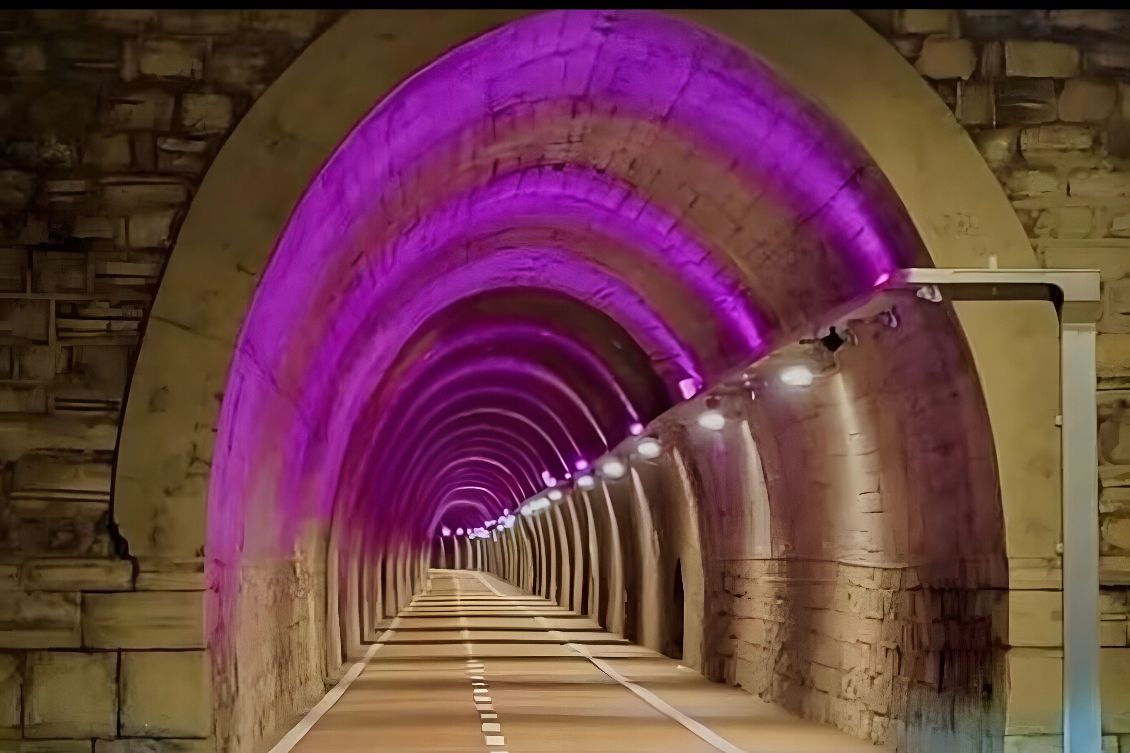 En tunnel med välvda tak och en gångväg i mitten.