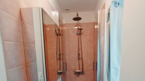 A modern bathroom with a glass shower enclosure, a white sink, and a mirror.