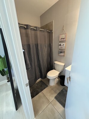 Hair dryer, towels, toilet paper