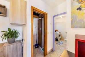 Un couloir avec une armoire en bois, une plante en pot, un balai, une douche, une machine à laver et un tableau.