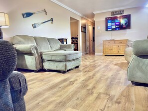 Smart TV, fireplace, video games, video library