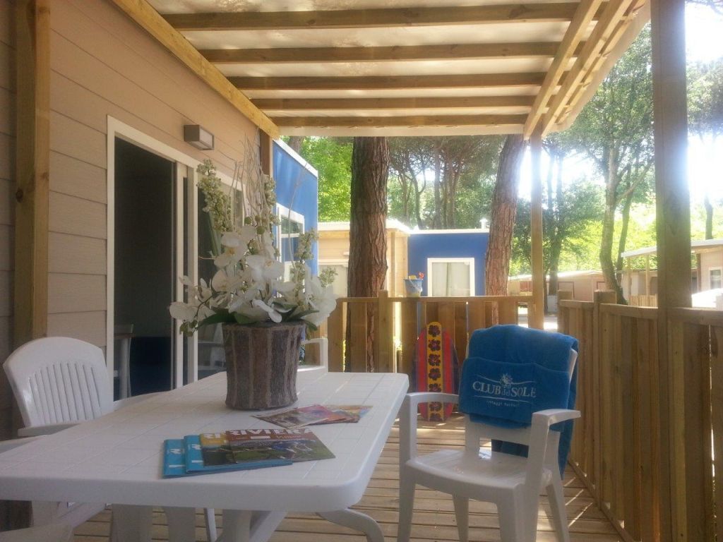 A covered outdoor seating area with a table, chairs, and a potted plant.