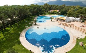 A large circular pool with multiple smaller pools, surrounded by a grassy area and trees.