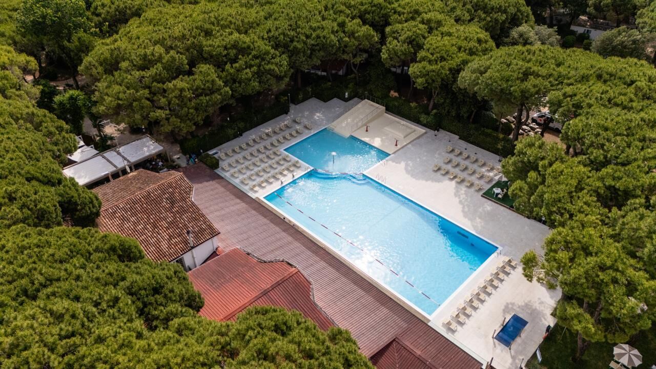 Vista aérea de una piscina rodeada de árboles, con una zona cubierta y sillas de descanso.