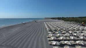 A beach with rows of umbrellas and sun loungers, a sandy beach, and the ocean in the background.