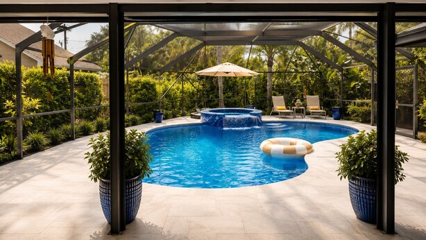 A swimming pool with a hot tub, surrounded by potted plants and a covered seating area. - Beautiful Home with Sauna & Heated Pool-Spa, 5min from Beaches, close to Airport (Lantana)