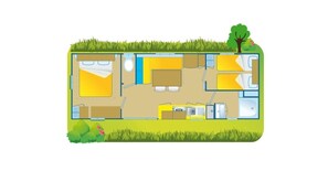 A floor plan of a house with a kitchen, dining area, two bedrooms, and a bathroom.