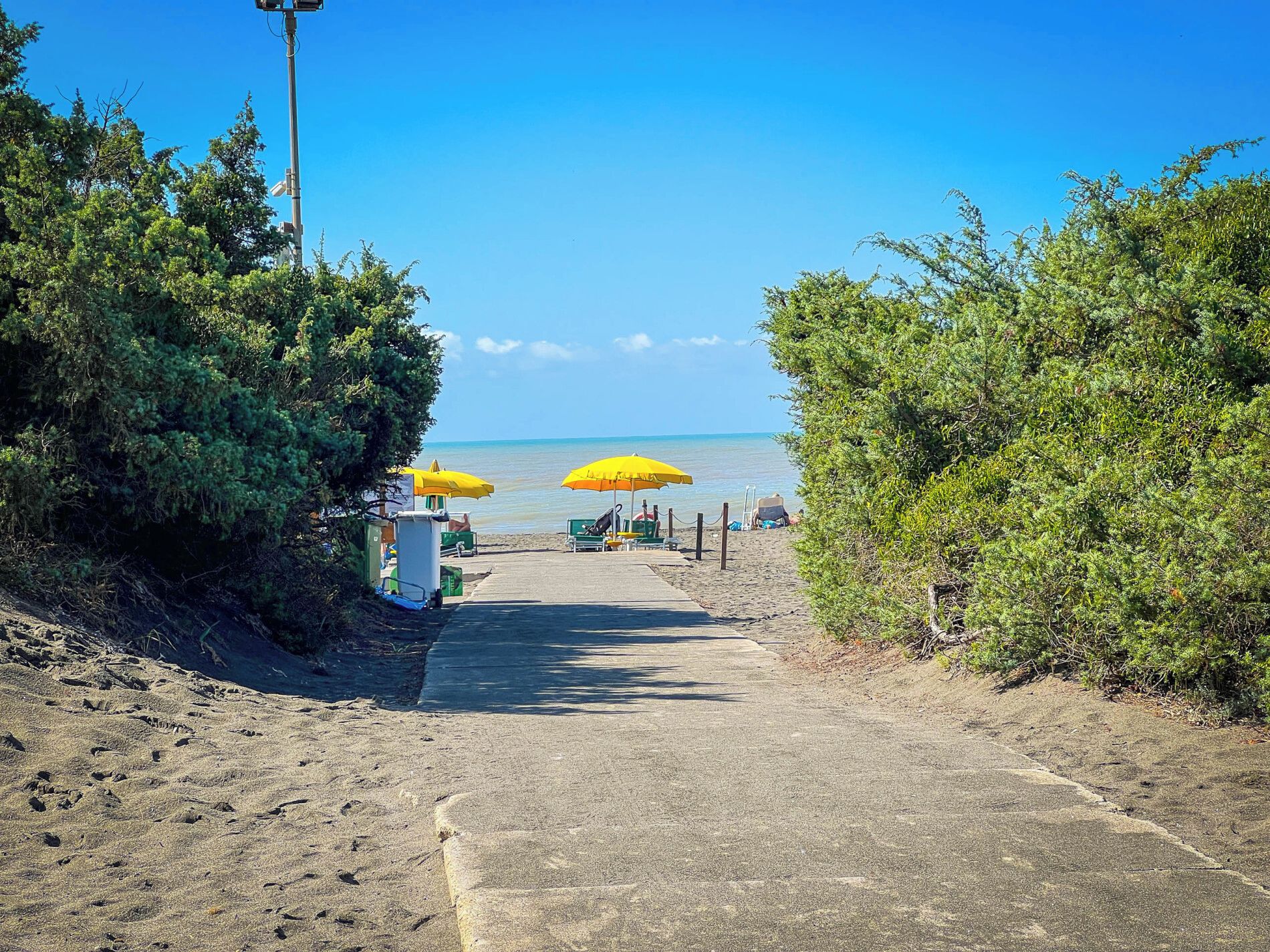 A beach path leading to a sandy beach with two yellow umbrellas and beach chairs.