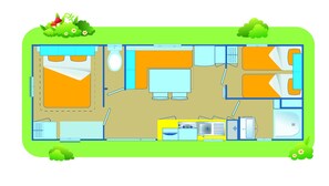 A floor plan of a hotel room with a bed, a desk, a chair, a wardrobe, a bathroom, and a small kitchenette.