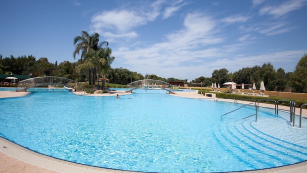 Una piscina amplia y cristalina con un puente, palmeras y zonas de descanso.
