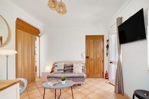 A room with a sofa, a round table with a plant, a TV, and a wooden door.