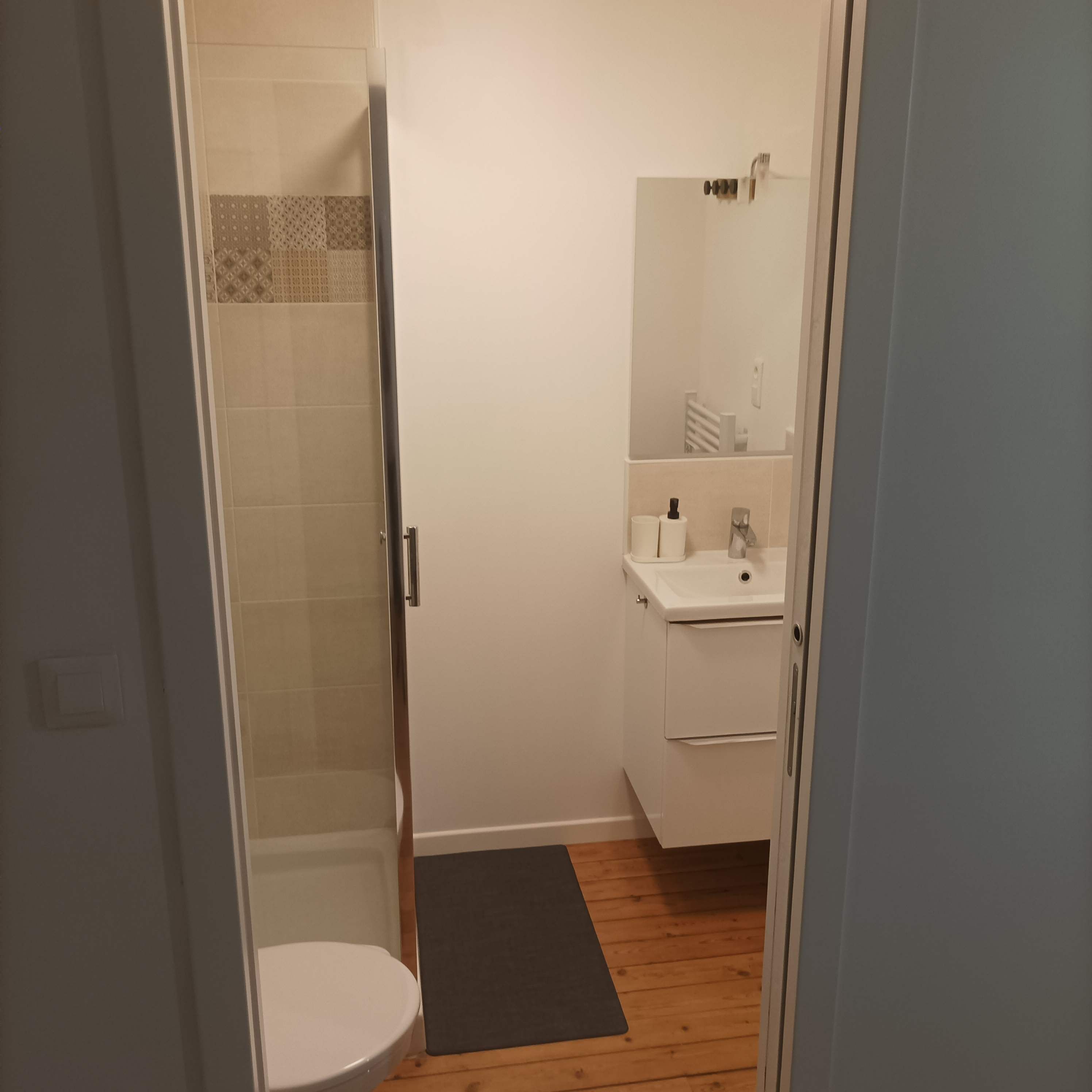 Dusj, hårføner, håndklær og toalettpapir