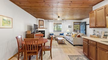 Smart TV, fireplace, books