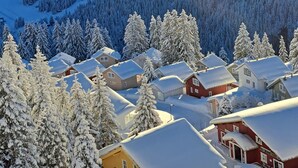 A snow-covered village with houses and trees. - Apartment "Superb Duplex - Résidence Alpine" with Private Terrace, Balcony and Wi-Fi (Arâches-la-Frasse)