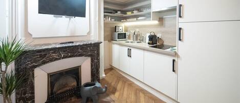 Fridge, microwave, stovetop, coffee/tea maker