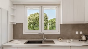 Eine Küche mit Fenster, Spüle und Wasserkocher.