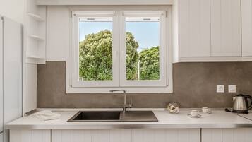 Kjøleskap, ovn, kokeplater og kaffetrakter/tekoker