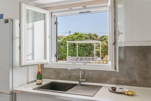 Fridge, oven, stovetop, coffee/tea maker