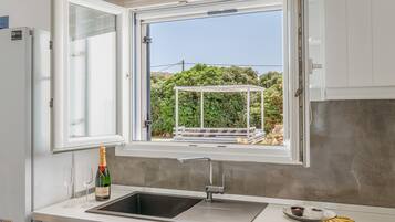 Fridge, oven, stovetop, coffee/tea maker