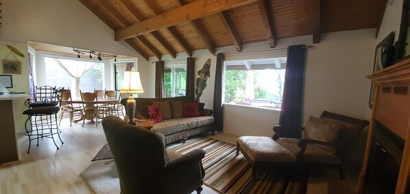 Smart TV, fireplace, DVD player, books