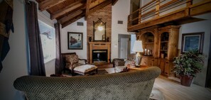 Smart TV, chimenea, reproductor de DVD y libros